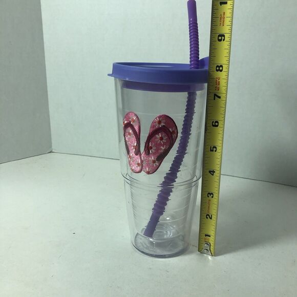 Tervis Tumbler Cup 24 oz Pink Daisy Flip Flops Beach w Purple Lid & Straw C1 - Picture 3 of 9